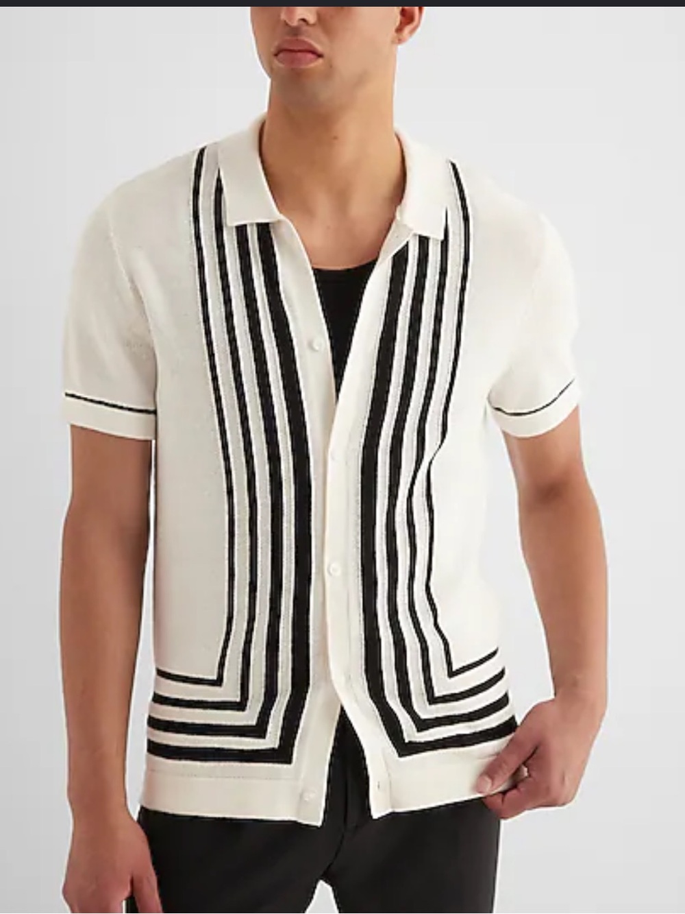 Express White Short-Sleeve Button Shirt with Black Stripe Panels M size